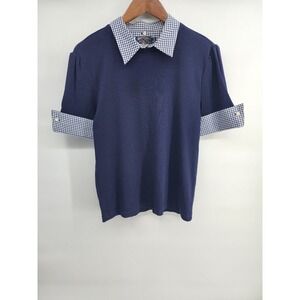 American‎ Living Womens Navy Blue Ribbed Knit Top Gingham Collar Cuffs XL 100%